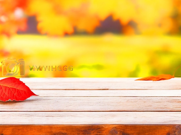 Mesa de madera vacía con fondo de otoño