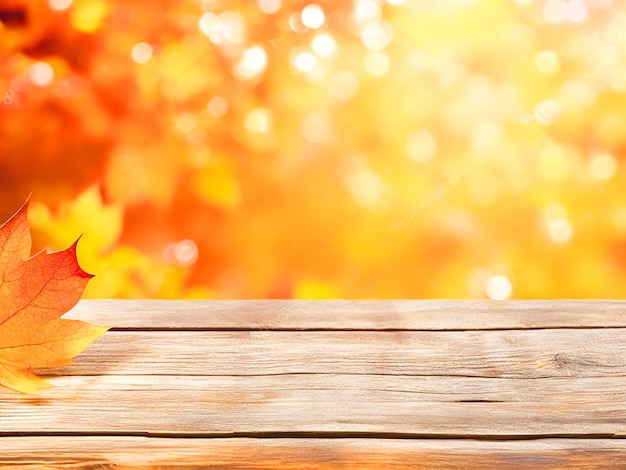 Mesa de madera vacía con fondo de otoño