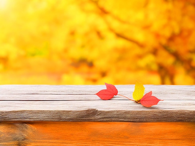 Mesa de madera vacía con fondo de otoño