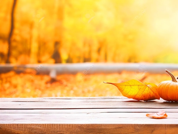 Mesa de madera vacía con fondo de otoño