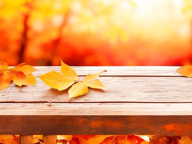 Mesa de madera vacía con fondo de otoño