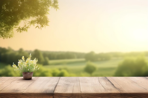 Mesa de madera vacía con fondo de paisaje natural