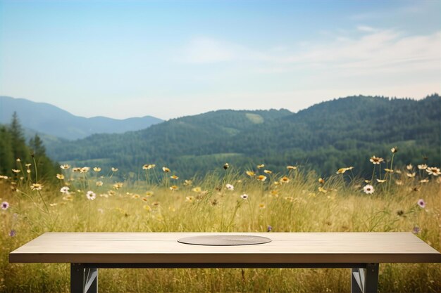 Mesa de madera vacía con fondo de paisaje natural