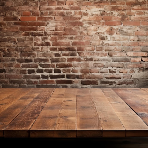 Foto mesa de madera vacía y fondo de pared de ladrillo para el montaje de la exhibición de productos