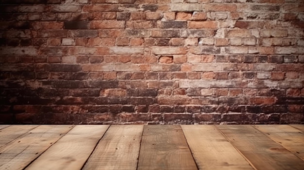 Mesa de madera vacía con fondo de pared de ladrillos