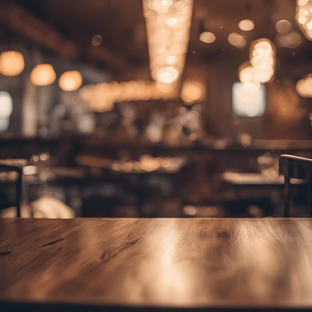 Mesa de madera vacía con fondo de restaurante borroso generado por Ai