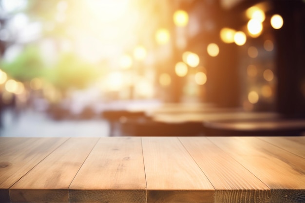 Mesa de madera vacía con fondo de restaurante borroso