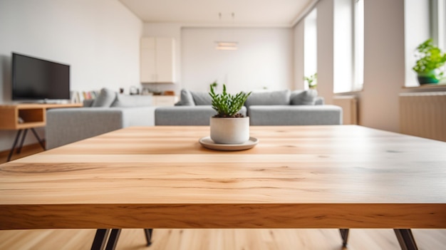 Mesa de madera vacía con fondo de salón borroso