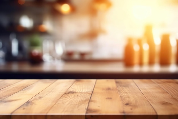 Mesa de madera vacía frente al fondo borroso de la cocina