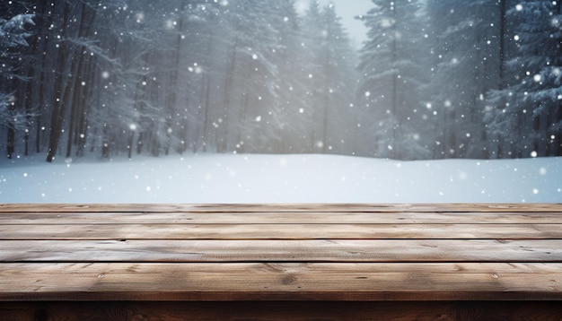 Mesa de madera vacía frente al paisaje invernal fondo borroso