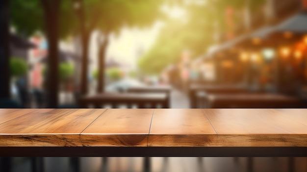 mesa de madera vacía frente al restaurante cafetería borrosa