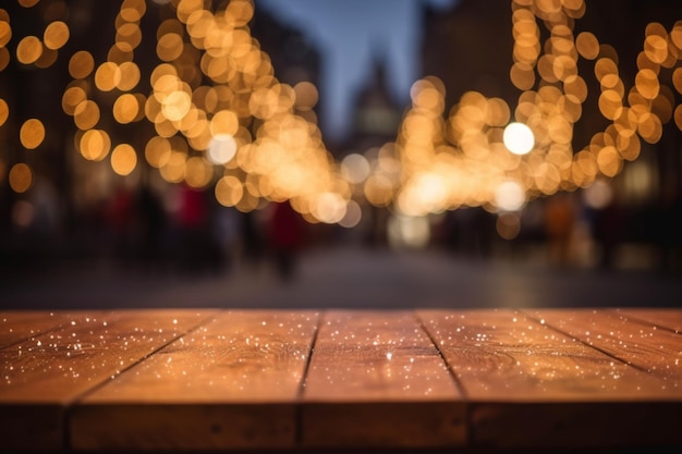 Mesa de madera vacía frente al restaurante luces de neón fondo bokeh borroso