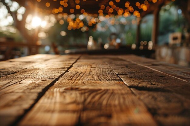 Foto mesa de madera vacía frente al telón de fondo borroso de la casa