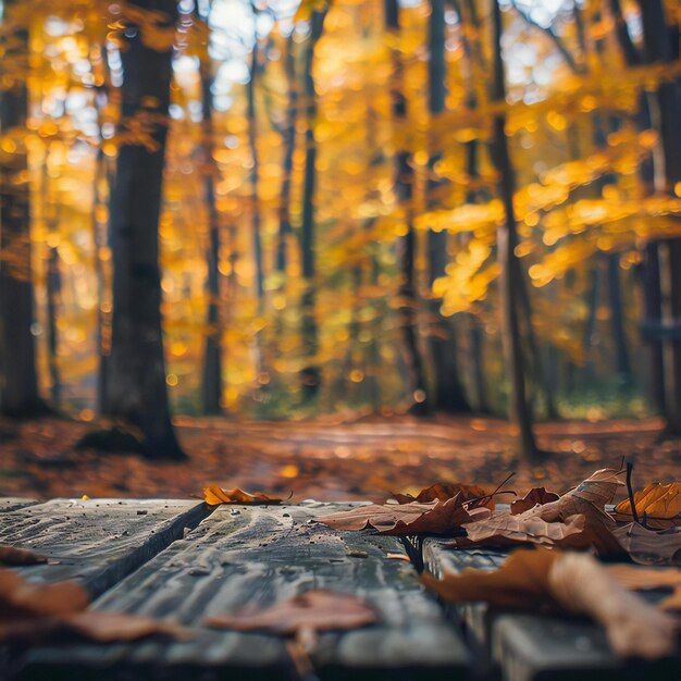 Mesa de madera vacía frente a un colorido fondo de otoño