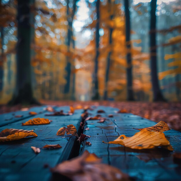 Mesa de madera vacía frente a un colorido fondo de otoño