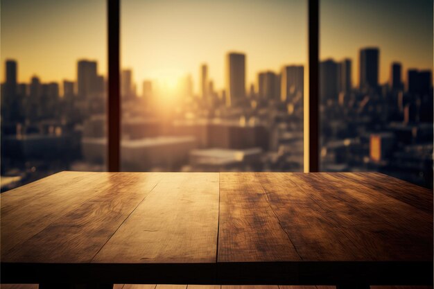 Mesa de madera vacía frente a un fondo borroso