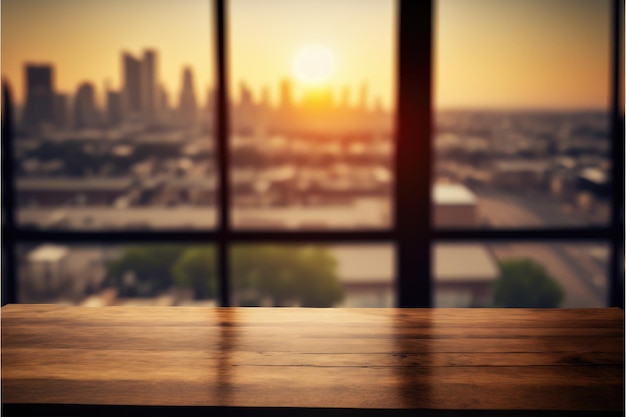 Mesa de madera vacía frente a un fondo borroso