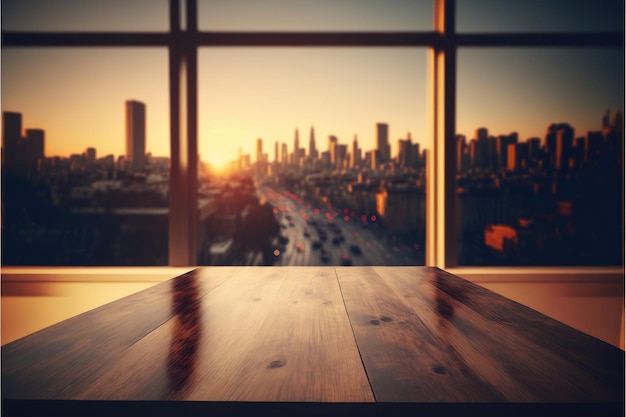 Mesa de madera vacía frente a un fondo borroso