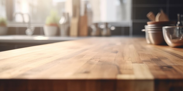 Mesa de madera vacía frente a un fondo interior de cocina moderna borrosa superficie de mesa de madera