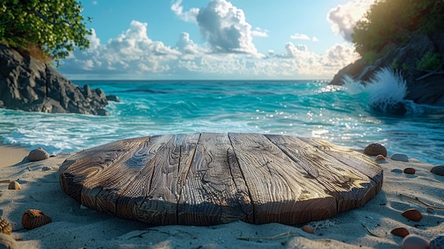 Foto mesa de madera vacía frente a una hermosa playa tropical para la exhibición de productos