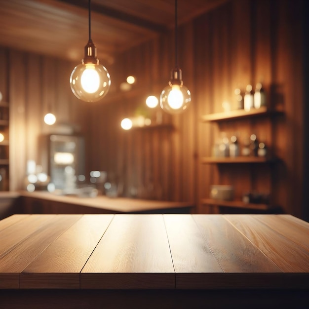 Mesa de madera vacía frente a madera borrosa