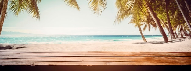 Mesa de madera vacía frente a la playa borrosa mar y palmeras Ai generativo