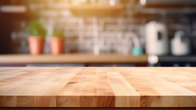 Mesa de madera vacía generativa de IA en un fondo de cocina moderna borroso con espacio para copiar