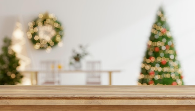 Mesa de madera vacía en la habitación del árbol de Navidad con fondo de decoración3d renderización