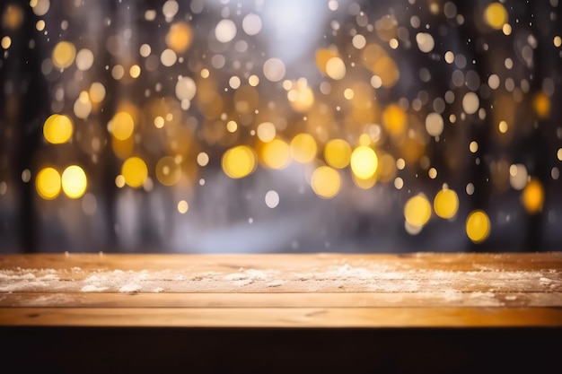 mesa de madera vacía en la habitación de la casa cubierta con nieve del tiempo de Navidad fondo de luces borrosas