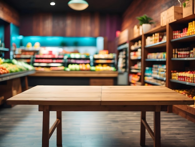 Mesa de madera vacía con un hermoso diseño de fondo de la tienda de comestibles