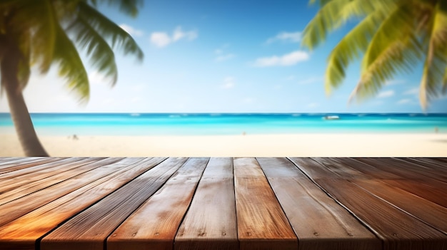 Mesa de madera vacía con hermoso fondo de playa