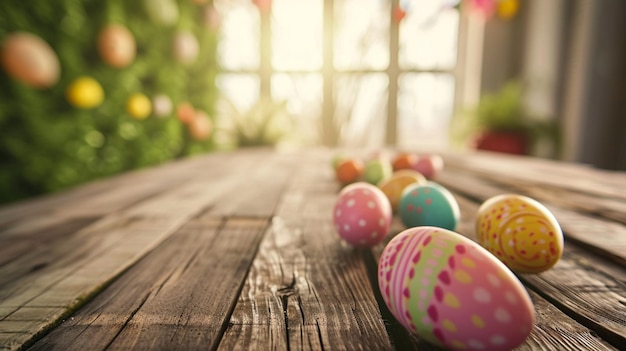 Mesa de madera vacía con huevo de Pascua en el fondo Generativo Ai