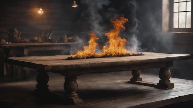 Mesa de madera vacía con humo flotando en el fondo oscuro