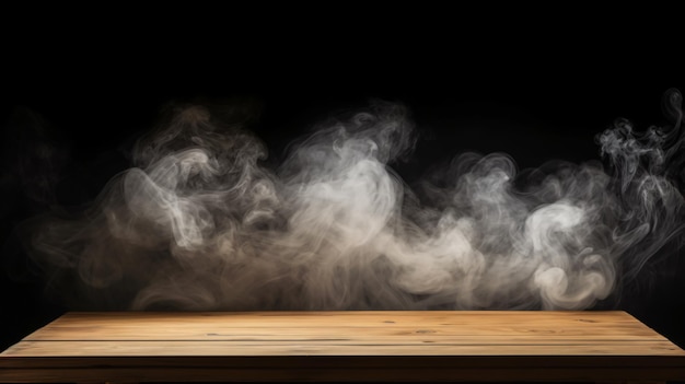 Mesa de madera vacía con humo flotando en la oscuridad