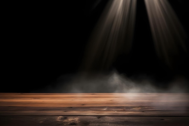 mesa de madera vacía con humo flotando sobre fondo oscuro Espacio vacío para mostrar sus productos