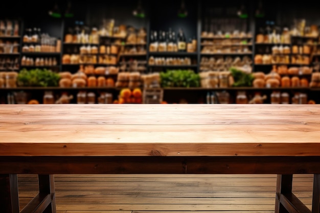 Foto mesa de madera vacía con imagen borrosa de la tienda