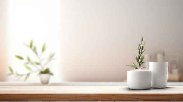 Mesa de madera vacía interior del baño blanco