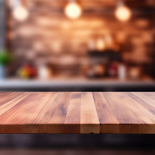 Mesa de madera vacía y interior borroso del fondo de la cocina moderna