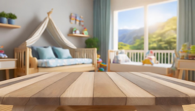 Mesa de madera vacía en el interior borroso de la habitación del bebé