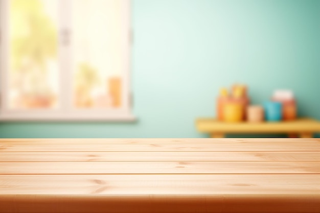 Mesa de madera vacía y interior borroso de la habitación de los niños en el fondo Vista frontal Copiar espacio para la presentación del juguete del producto objeto IA generativa