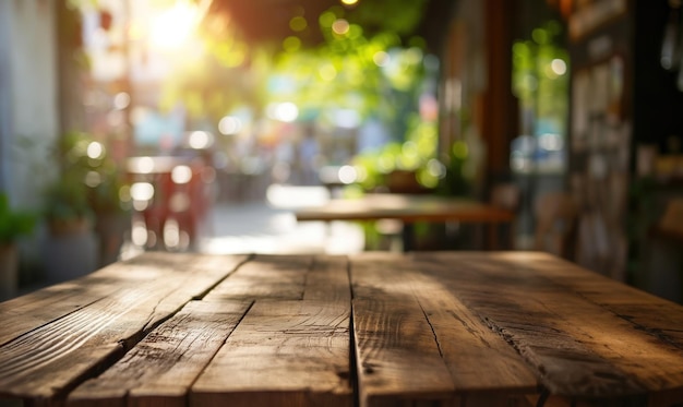 Mesa de madera vacía con interior de cafetería acogedor y soleado en el fondo