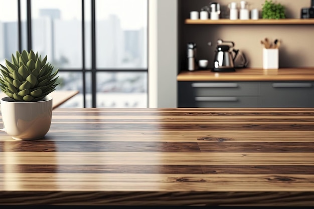 Mesa de madera vacía en el interior de la cocina moderna