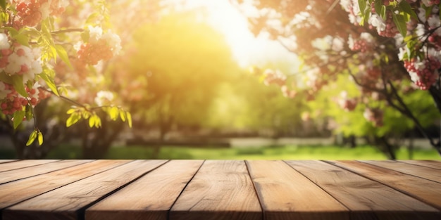 Mesa de madera vacía en el jardín de primavera fondo borroso Espacio libre para exhibición de productos Ai generativo