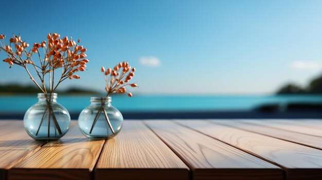 Foto mesa de madera vacía con jarrón y flores ai generativa