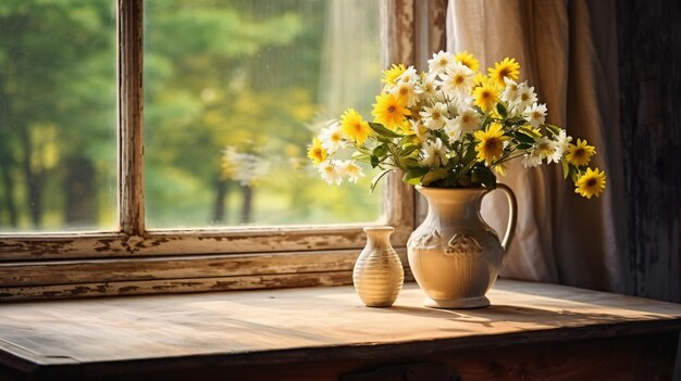 Mesa de madera vacía con un jarrón de flores silvestres