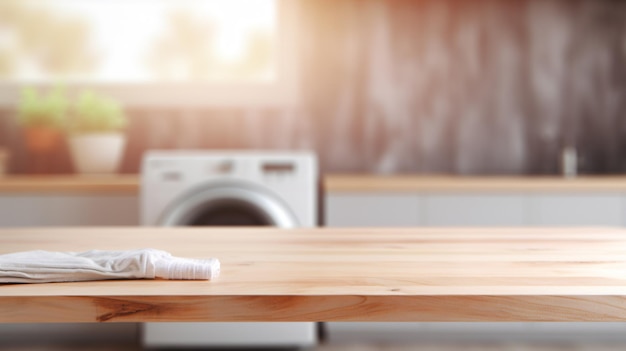 Mesa de madera vacía en un lavadero borroso