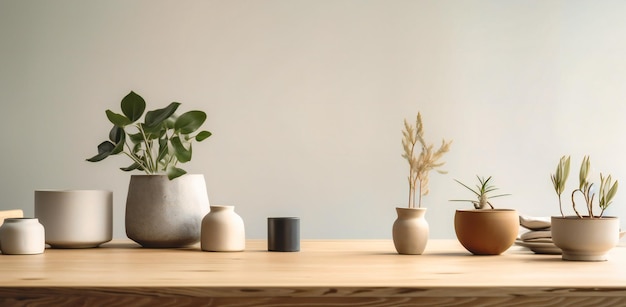 Una mesa de madera vacía llena de un jarrón con plantas en macetas