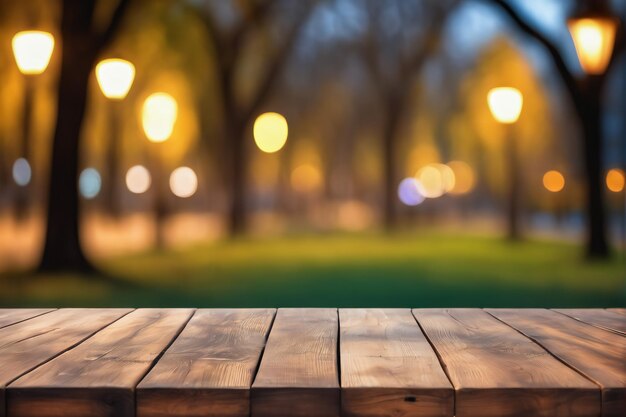 Foto mesa de madera vacía con luces bokeh y fondo borroso del parque