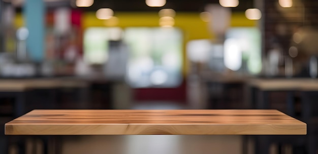 Mesa de madera vacía con luces bokeh en el fondo borroso del restaurante