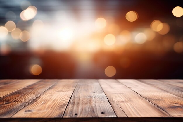 Foto mesa de madera vacía con luces bokeh en el fondo del restaurante borroso iluminación cautivadora